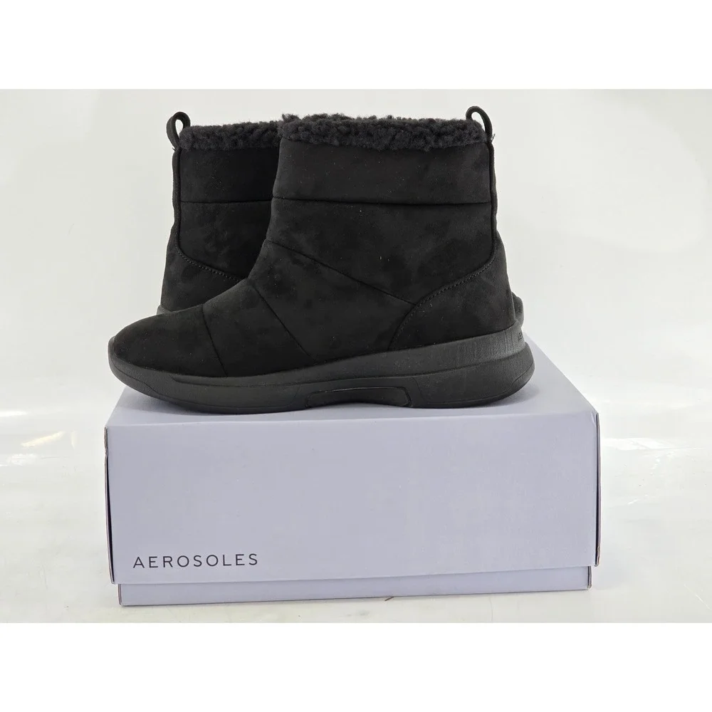 Aerosoles Fawne Ankle Boots Womens 9.5 Black Faux Suede Shearling Trim - New